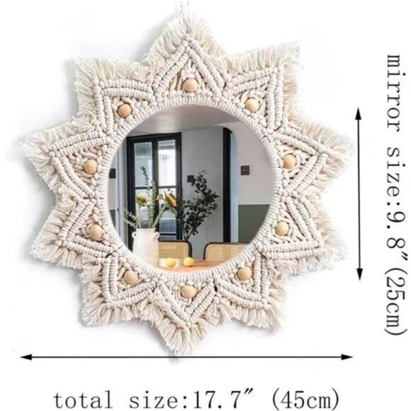 Boho Wall Decor Mirror Macrame Circle Hanging Mirror for Bedroom Living Room - Picture 5 of 5